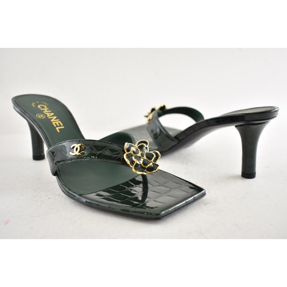 Chanel 26A Green Crocodile Croc CC Flower Backless Mule Heel Thong Sandal 39 - Picture 9 of 16